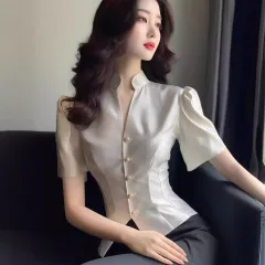 Satin Shirt Women's Tight Waist V-neck High-end Temperament Top - Beige - View 1