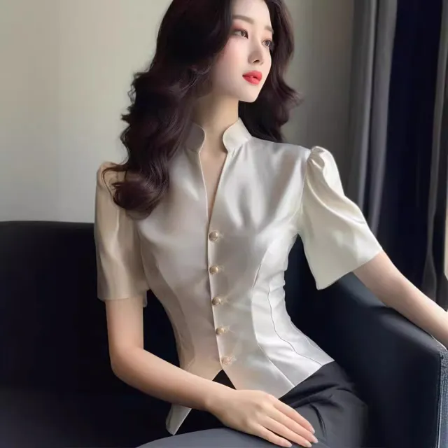 Satin Shirt Women's Tight Waist V neck High end Temperament Top Beige - Shop at LoveMi