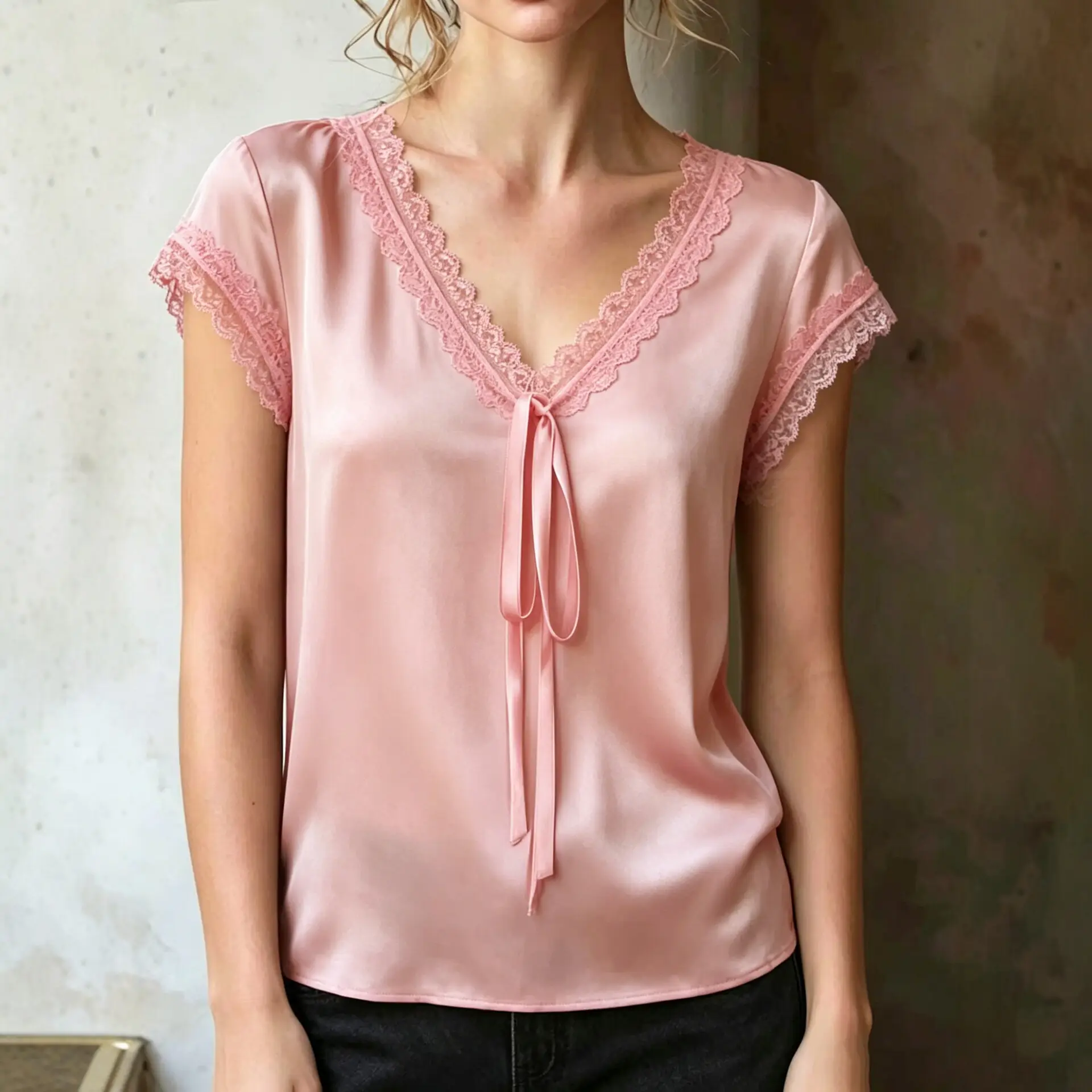 Womens V-neck Blouse With Short Sleeves
