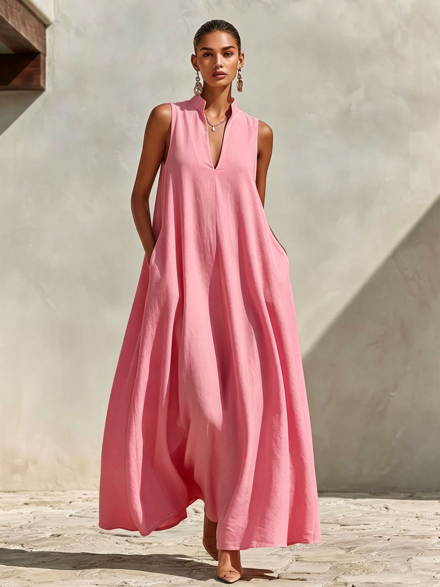 Linen blend sleeveless stand-collar maxi dress Sky Blue colorway – women's loose fit boho casual summer dress