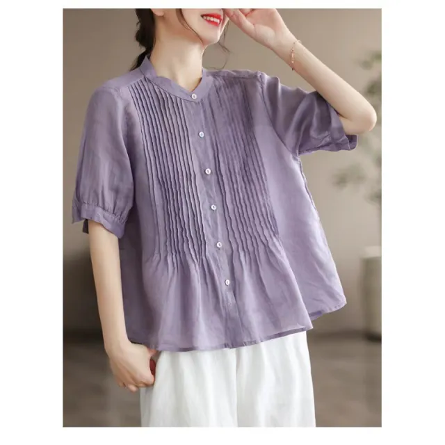 Middle aged Artistic Retro Women's Cotton And Linen Short sleeved Shirt Purple - Shop at LoveMi