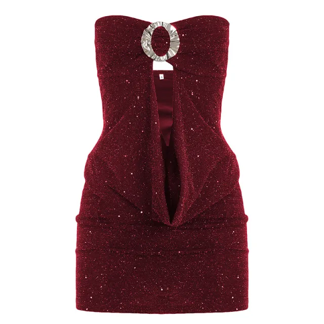 Sexy Sequined Tube Top Hollow out Pleated Elegant Dress Red - Shop at LoveMi