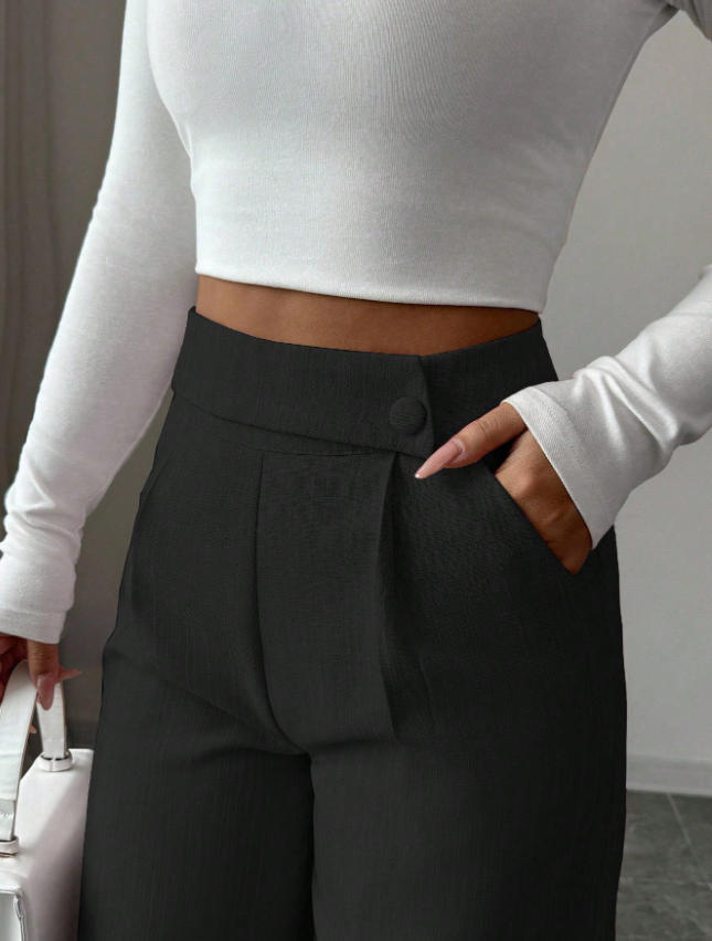 Women's High-Waist Straight-Leg Pants in Black – solid color button detail full length