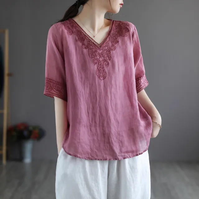 Women's Fashion Retro Cotton And Linen Embroidered V neck Short sleeved T shirt Pink - Shop at LoveMi