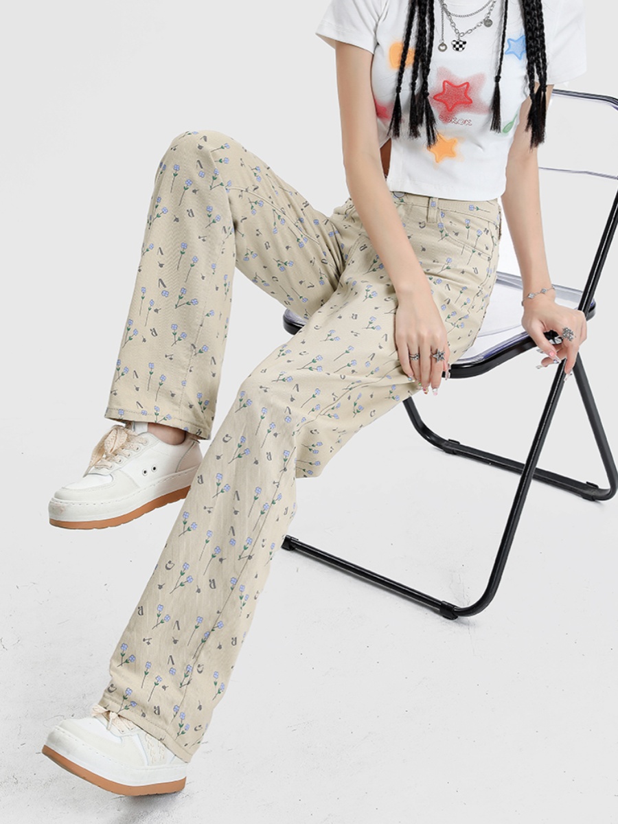 Vintage Floral High Waist Jeans Women's Wide Leg Straight Casual Pants