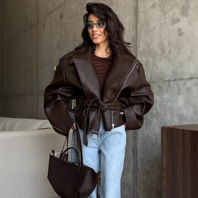 Lady Temperament Short Lace Up Leather Coat Brown - Shop at LoveMi