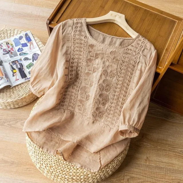 Embroidered Loose Artistic Vintage Cotton And Linen T shirt Khaki - Shop at LoveMi