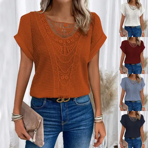 Summer Hollow Out Short-sleeved T-shirt Fashion Ethnic Style Tops