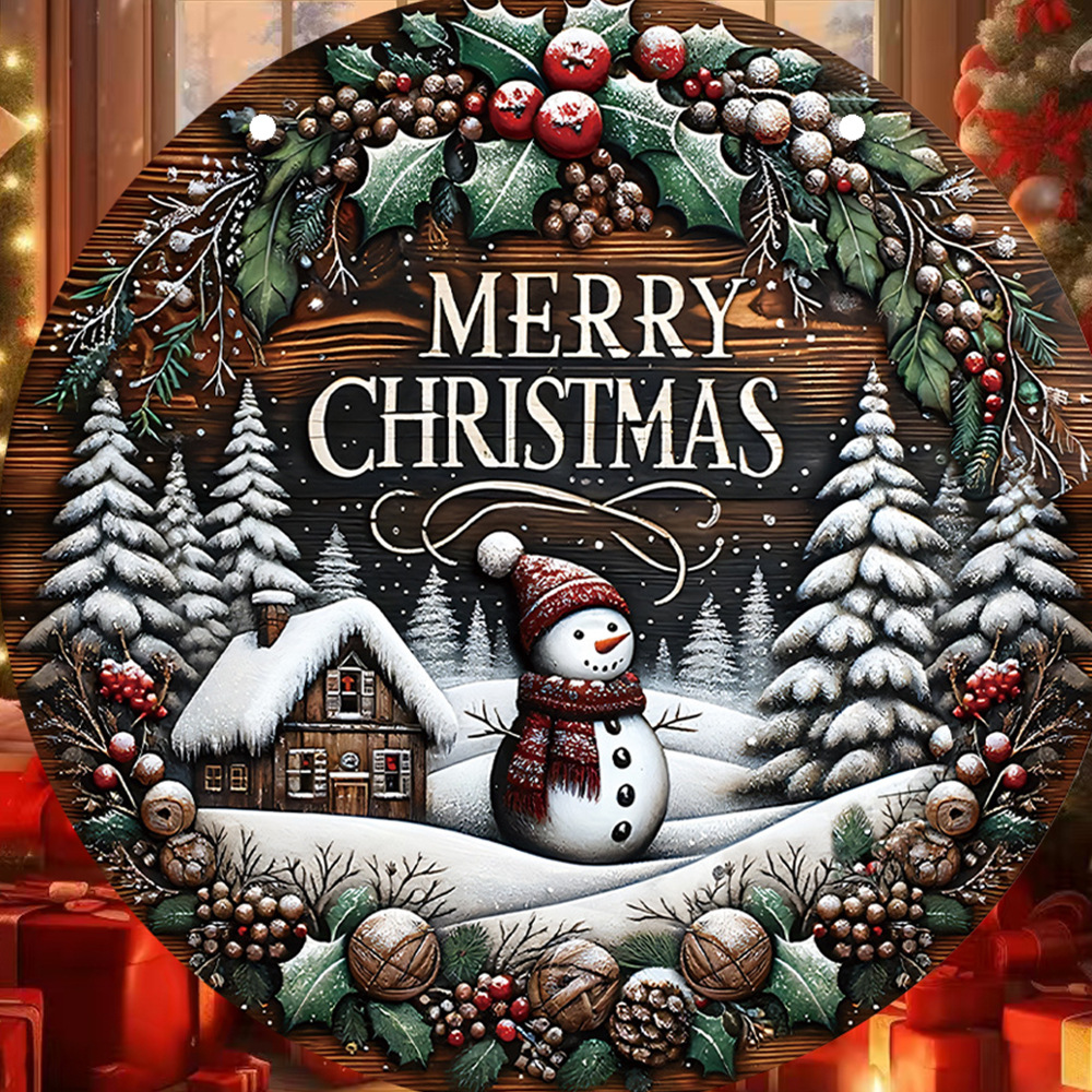 Title 2, Wooden Merry Christmas Snowman Round Sign Wall ...