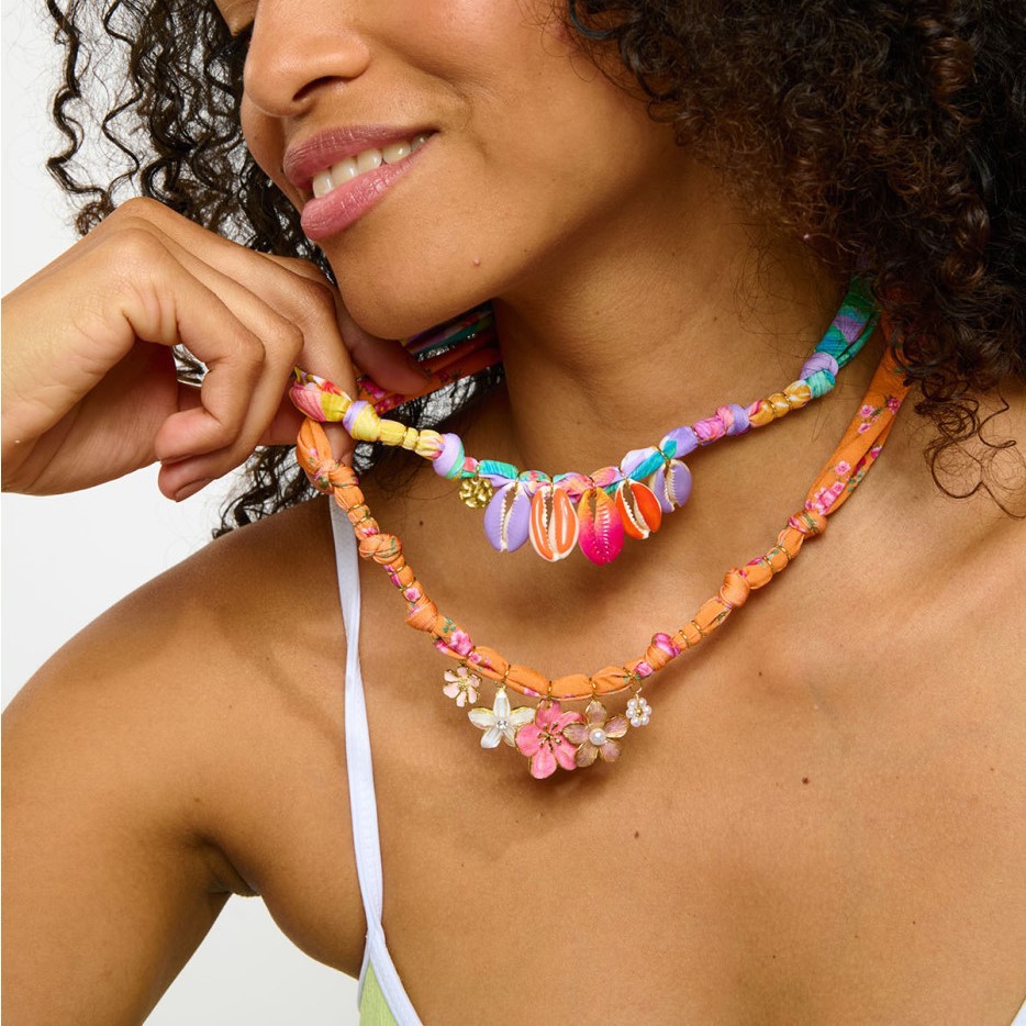 Colorful Flower And Shell Pendant Silk Scarf Ribbon Necklace