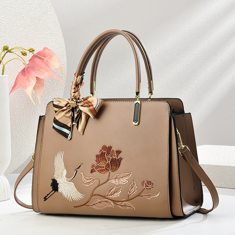 Womens New Chinese-Style National-Flair Embroidered Crane Fashion Crossbody Tote Bag