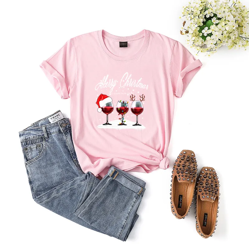 Women's Christmas Red Wine Glass Printed Short-sleeved T-shirt Top - Pink