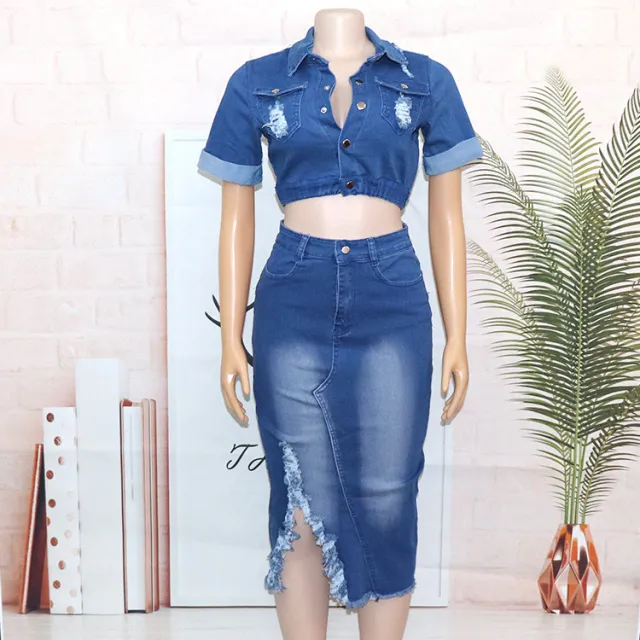 Denim Women's Wear Fashion Frosted Garment Wash Denim Skirt Suit Blue - Shop at LoveMi