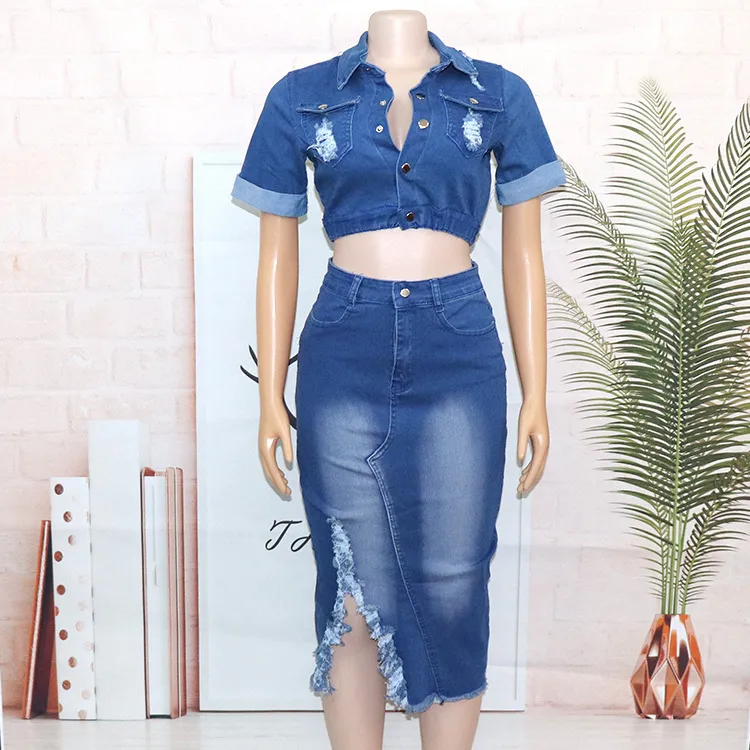 Denim Women's Wear Fashion Frosted Garment Wash Denim Skirt Suit - Blue