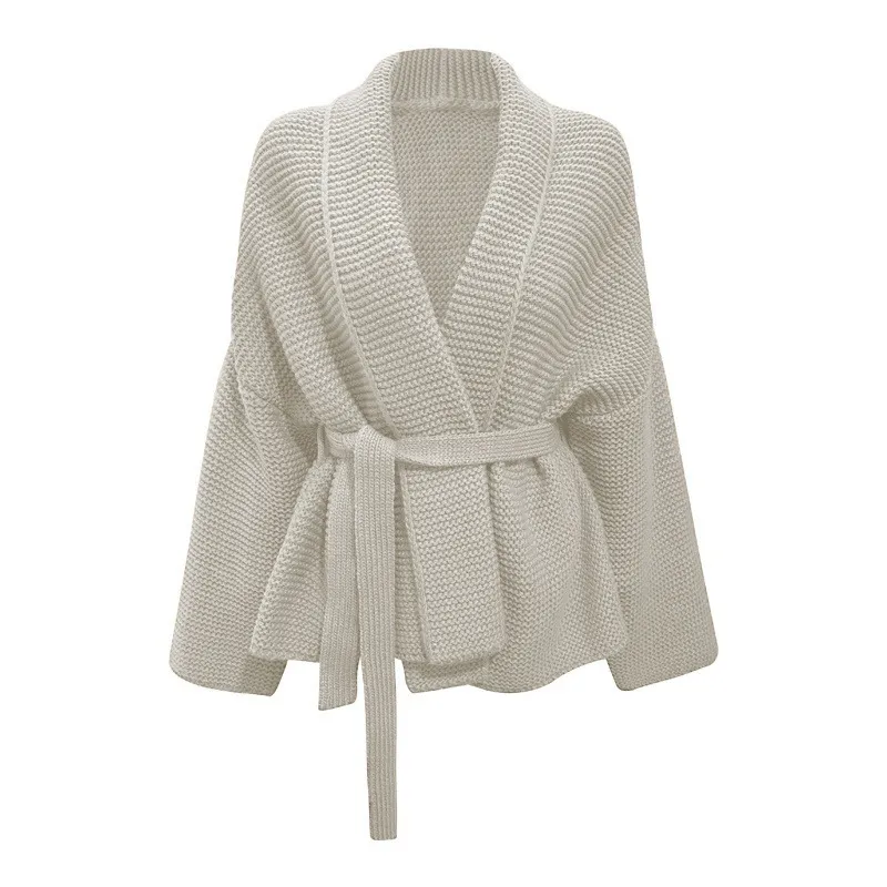 Women's Fashion Lace-up Casual All-matching Lapel Sweater Coat - White