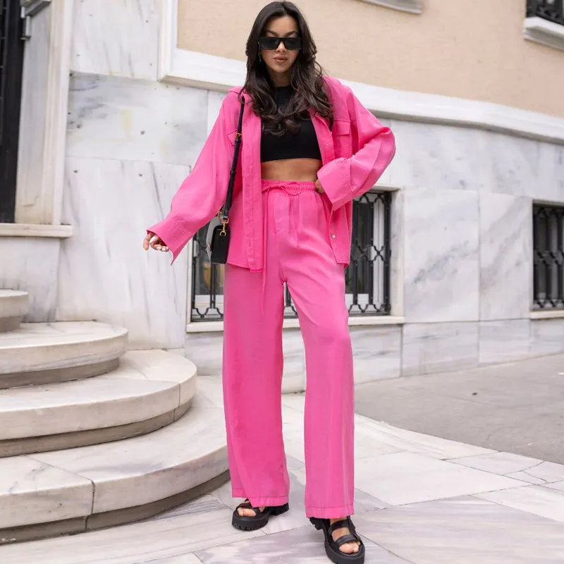 European And American Suit Pure Color Tied Trousers Comfort And Casual Two-piece Set - Red