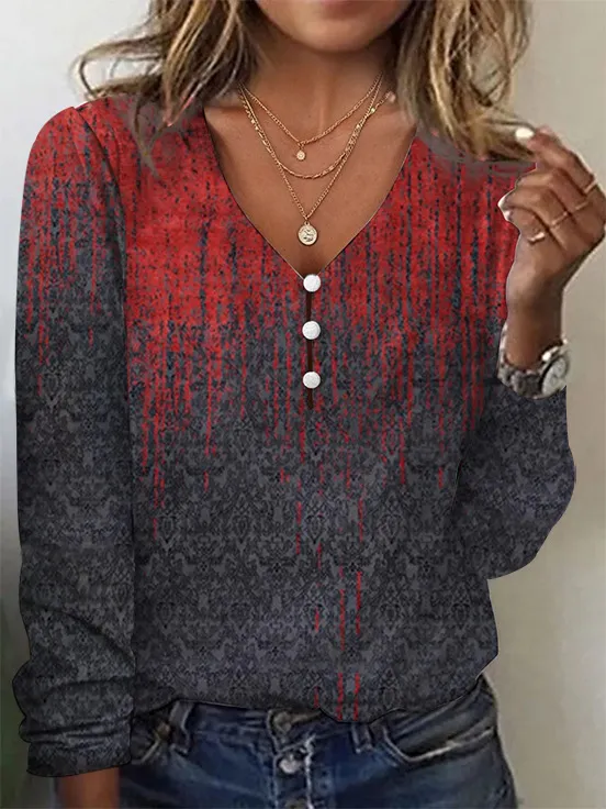 V neck Starry Sky Tie dyed Pearl Button T shirt With Long Sleeves Hoodie Black Gray - Shop at LoveMi