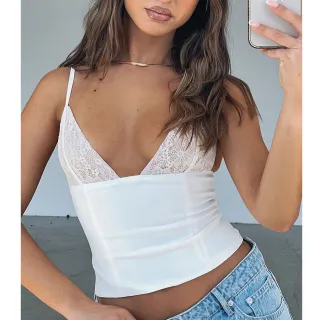 Women's V-neck Camisole Lace Vest With Back Zipper Design Summer Slim Sleeveless Tops - White