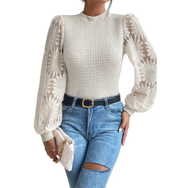 Knitwear Women's Fashionable Lace Stitching Hollow out Long sleeved Top Lc25123775 P15 L - Shop at LoveMi