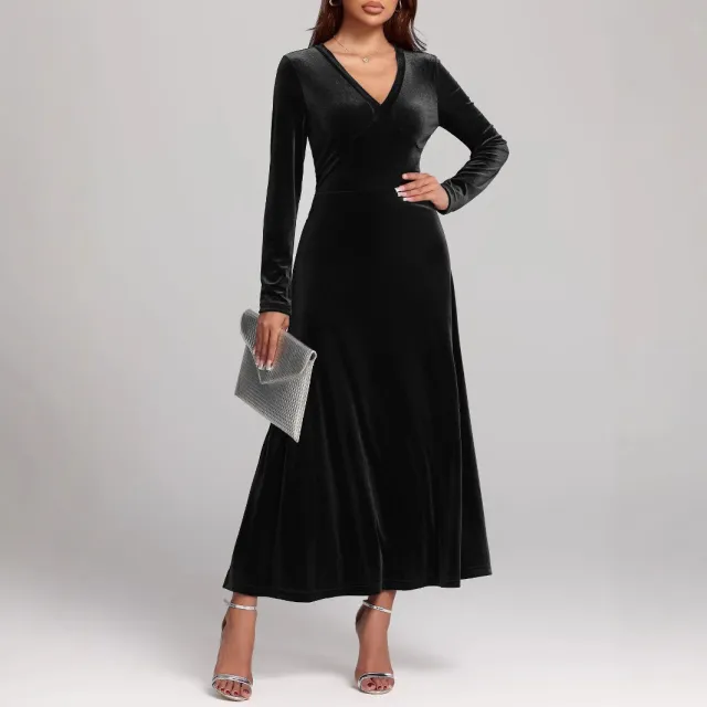 V neck Long Sleeve Evening Dress Pleuche Dress Black - Shop at LoveMi