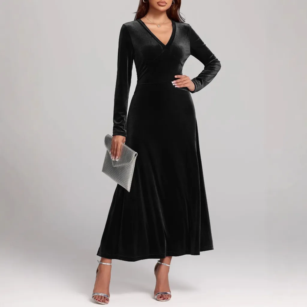 V-neck Long Sleeve Evening Dress Pleuche Dress - Black
