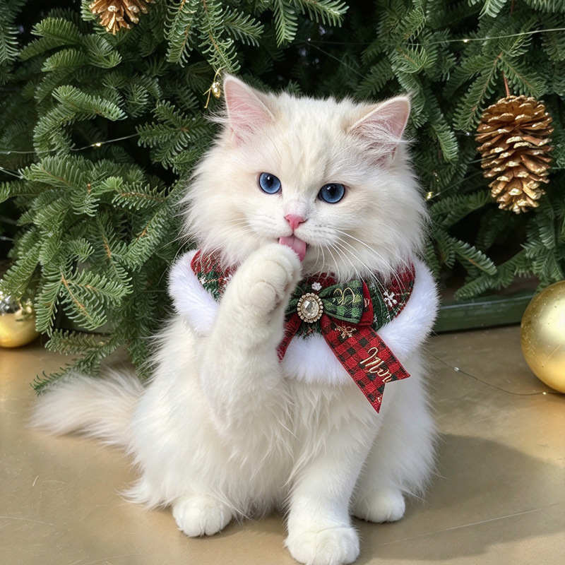 Christmas Red And Green Plaid Plush Bowknot Cute Puppy Triangular Pet Scarf detail photo 6