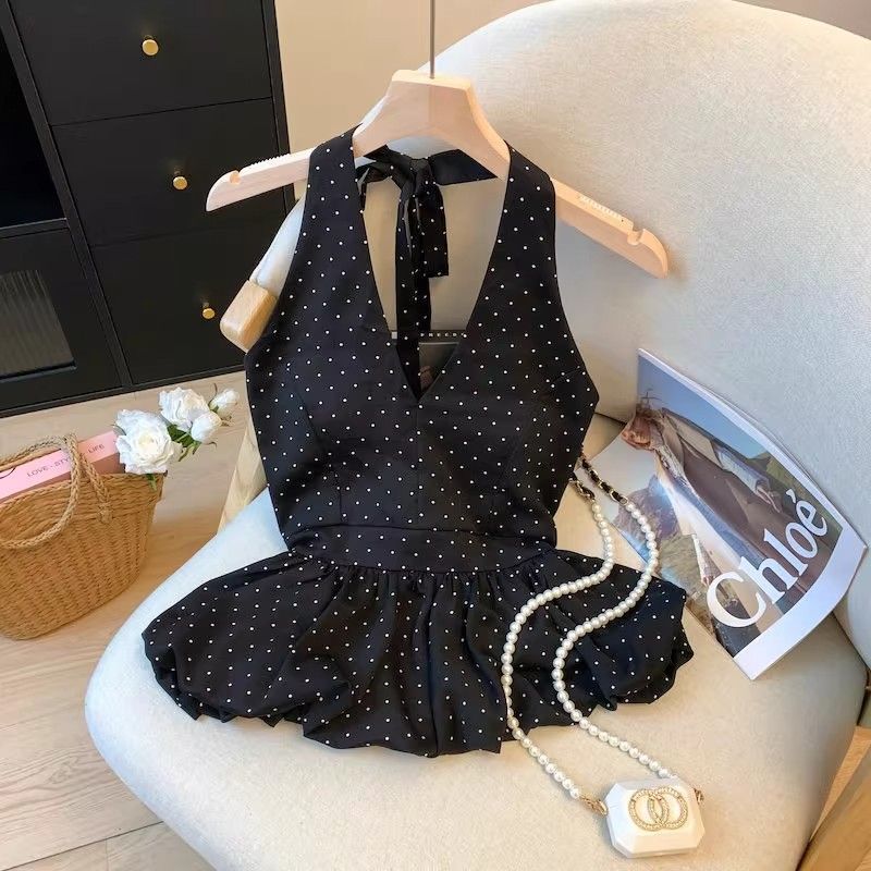 Women's Casual Halter Neck V-Neck Polka Dot Tank Top