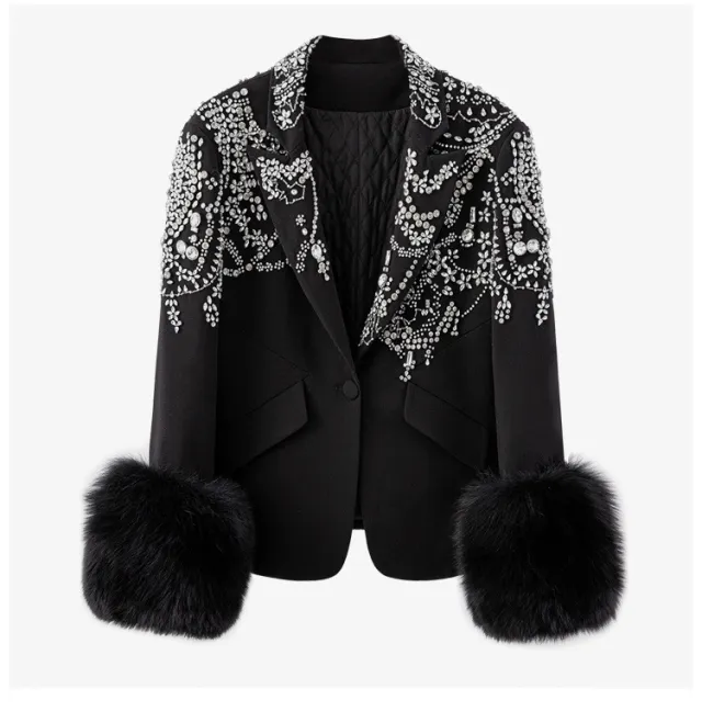 One Button Long Sleeve Suit Collar Exquisite Rhinestone Decorative Black Plush Cuffs Slim fit Flattering Coat Black - Shop at LoveMi