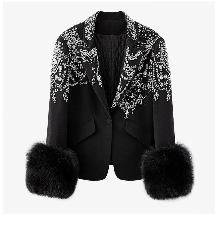 One Button Long Sleeve Suit Collar Exquisite Rhinestone Decorative Black Plush Cuffs Slim-fit Flattering Coat - Black