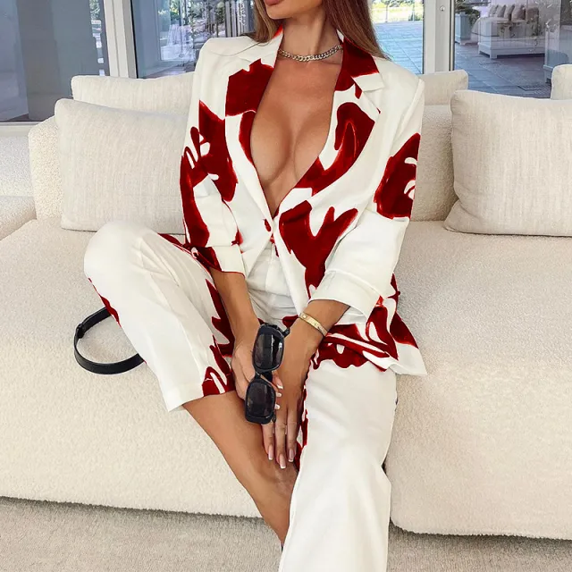 Professional Casual Elegant Business Suit Top Vintage Printed Suit Red - Shop at LoveMi