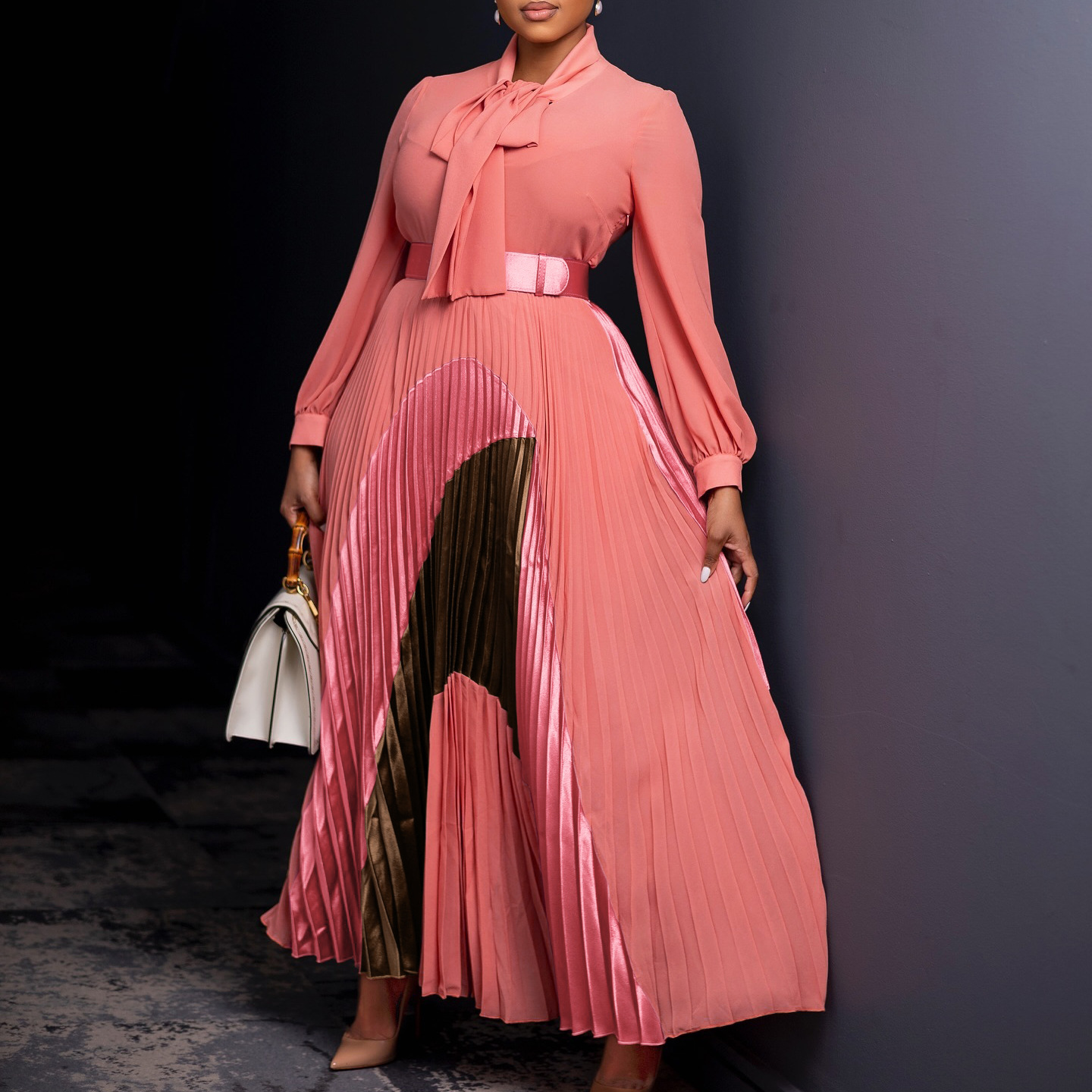 Long Sleeve Color Matching Elegant Dress