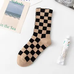 Women's Fashion Chessboard Plaid Contrast Color Tube Socks - Black Coffee Grid - View 1