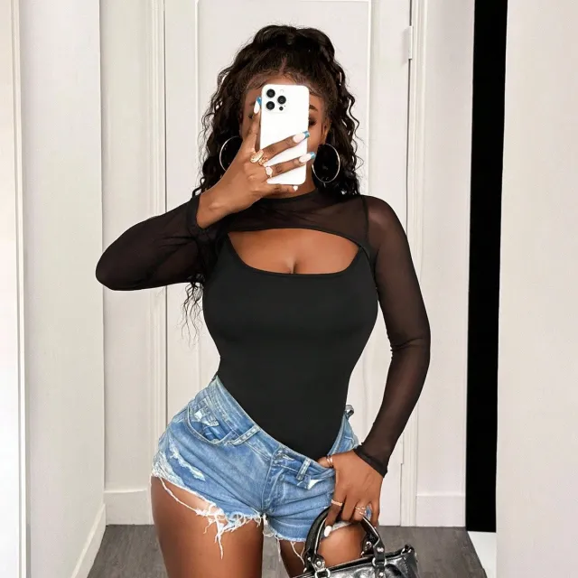 Spicy Girl Mesh Spliced Solid Color Jumpsuit Black - Shop at LoveMi