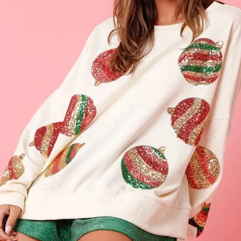 Autumn And Winter Sequined Embroidered Fashionable Round Neck Long Sleeve Sequin Stitching Christmas Sweater For Women - Red