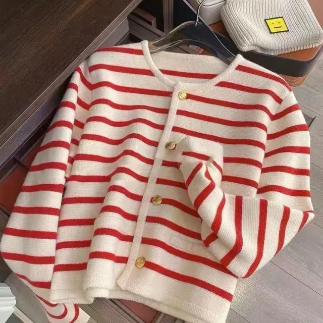Black And White Striped Knitted Cardigan Women's Outer Wear Cropped Sweater Coat Red - Shop at LoveMi