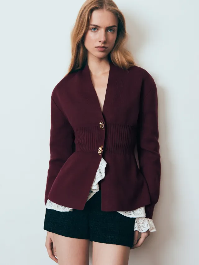 Metal Button Cardigan V neck Long Sleeve Slit Sweater Women Wine Red - Shop at LoveMi