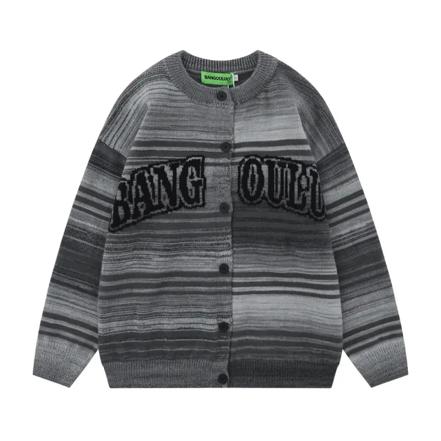 Striped Round Neck Cardigan Sweater For Women Gray - Shop at LoveMi