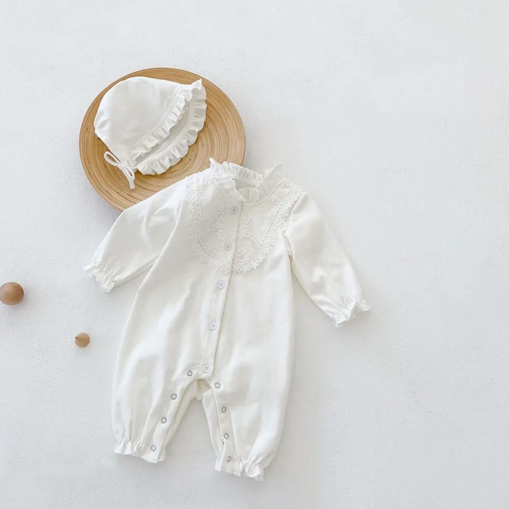 Wooden Ear Collar Lace Long Sleeve Jumpsuit
