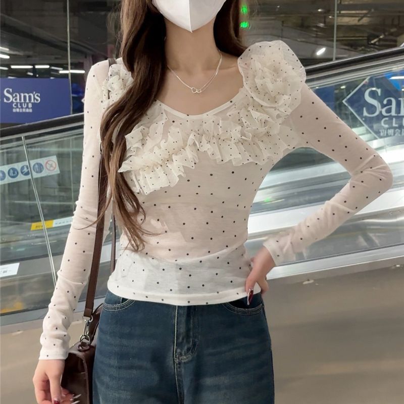 Slim-fit Polka-dot Lace All-match Long-sleeve Shirt