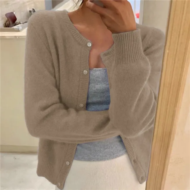 Women's Round Neck Solid Color Knitted Cardigan Khaki - Shop at LoveMi