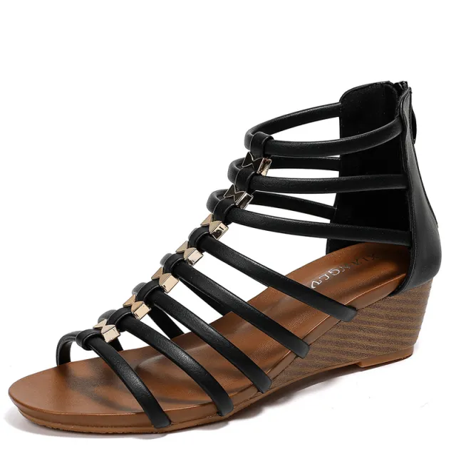 Women's Wedge Sandals With Casual Seaside Vacation Roman Sandals Black - Shop at LoveMi