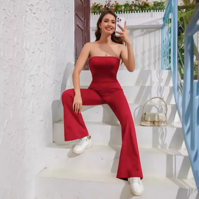 Solid Color Strapless Tube Top Flared Fit One piece Trousers Red - Shop at LoveMi