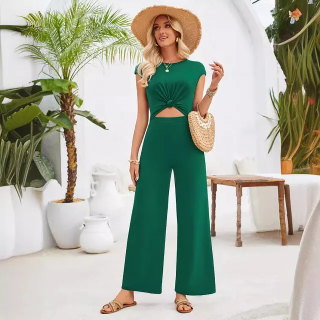 Casual Women's Jumpsuit Summer Round Neck Short Sleeves Knitted Dark Green - Shop at LoveMi