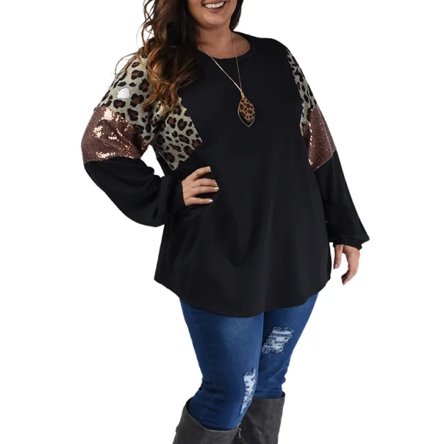 Plus Size Loose Slim Fit Leopard Floral Print Long Sleeve Pullover Leopard - Shop at LoveMi