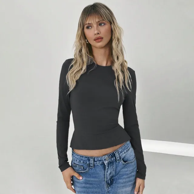 Sexy Style T shirt Autumn And Winter Trendy Design Hollow Waist Cropped Top Gray - Shop at LoveMi