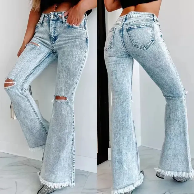 Women's Fashion Wash High Waist Ripped Jeans Light Blue - Shop at LoveMi