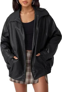 Women's Artificial Leather Plus Size Motorcycle Jacket - Black - View 1