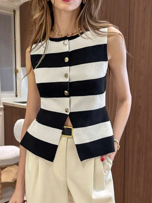 Elegant Knitted Women's Clothing Design Striped Knitted Vest Jacket Black - Shop at LoveMi