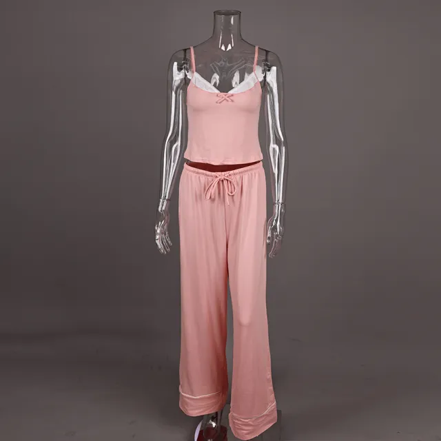 Patchwork Slip style Long Pants With A Drawstring Waist And Bow Detail Set Pink - Shop at LoveMi