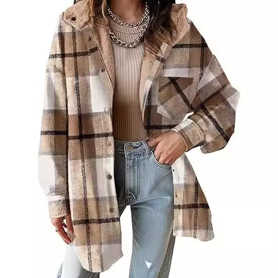 European And American Style Women Flannel Plaid Jacket Long Sleeve Autumn Khaki - Shop at LoveMi